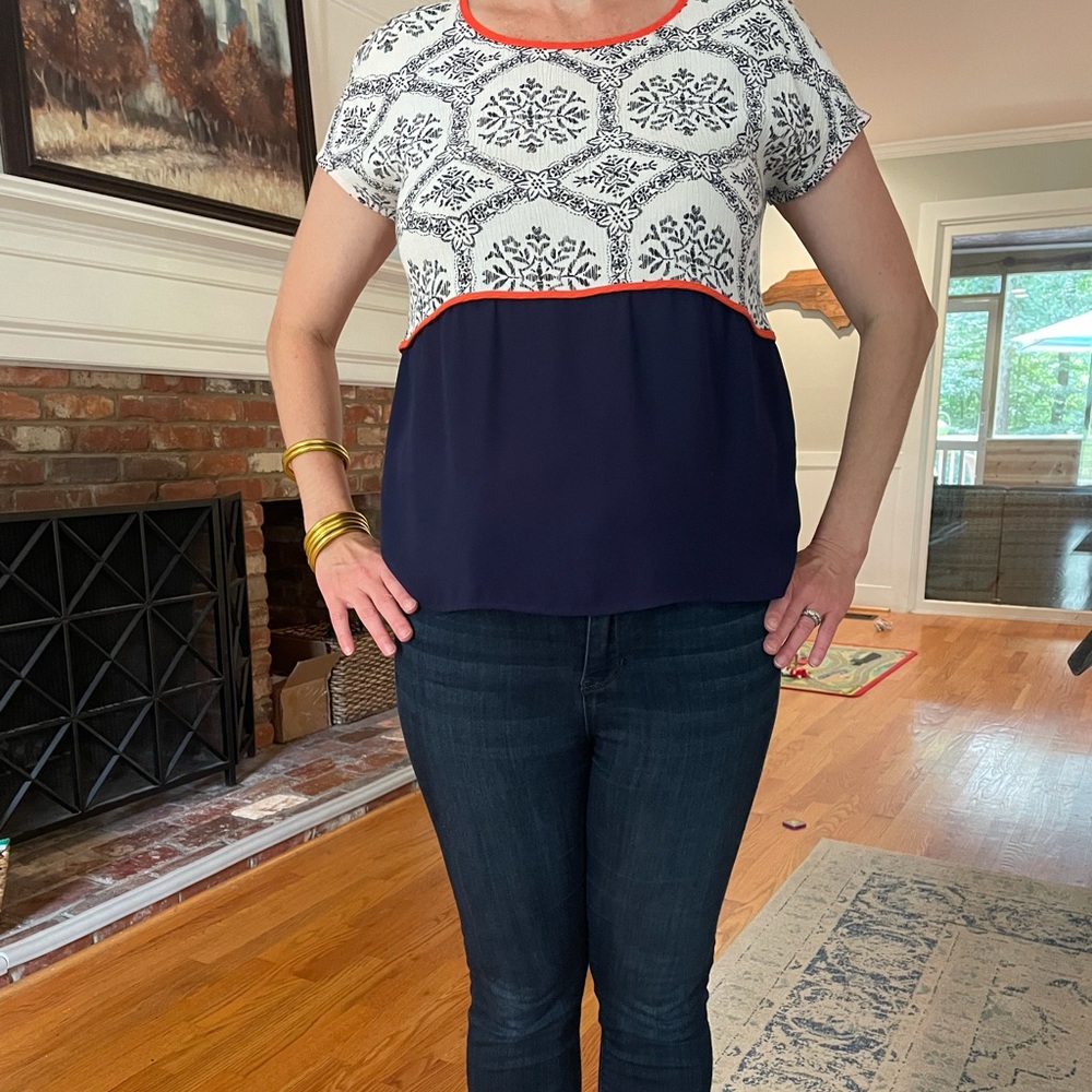 THML navy blue, white and orange top